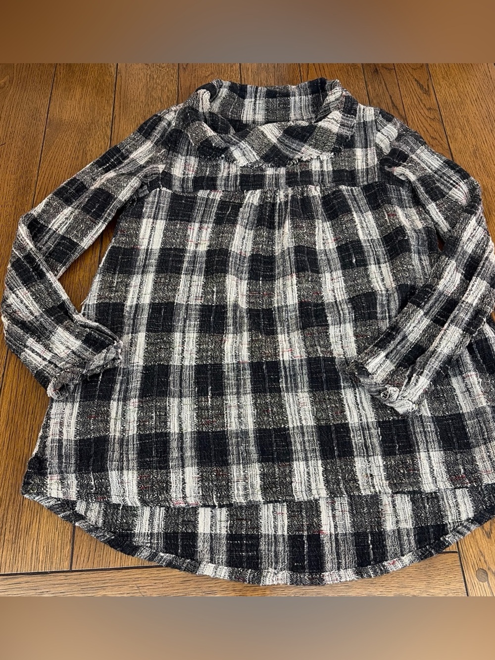 Free People Women's Tunic Size XS Plaid Cowl Neck Top Black Boho Oversized
